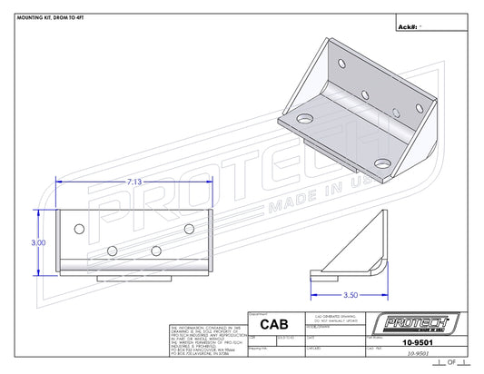 Technical line drawing of a steel mounting kit for truck storage boxes or drums up to 48 inches wide, showing multiple bracket views with labeled dimensions, bolt holes, and angled supports, branded with ProTech and part number information, on a white background.