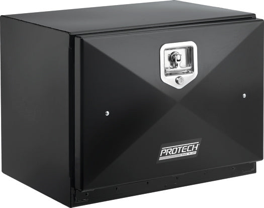 Angled view of a black steel truck tool box with a smooth, flat lid and a chrome locking latch on the front, featuring the ‘PROTECH’ logo, isolated on a white background.