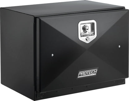 Angled view of a black steel truck tool box with a smooth, flat lid and a chrome locking latch on the front, featuring the ‘PROTECH’ logo, isolated on a white background.