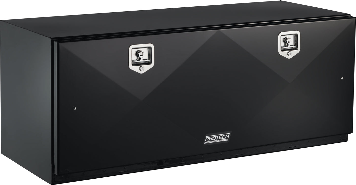 Angled front view of a long black steel truck tool box with a flat lid and two chrome locking latches on the front, featuring the PROTECH logo, isolated on a white background.