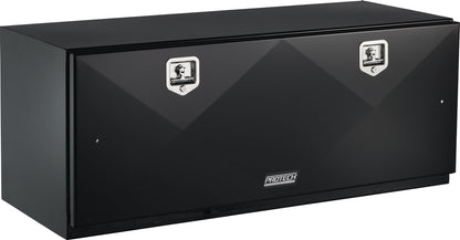 Angled front view of a long black steel truck tool box with a flat lid and two chrome locking latches on the front, featuring the PROTECH logo, isolated on a white background.