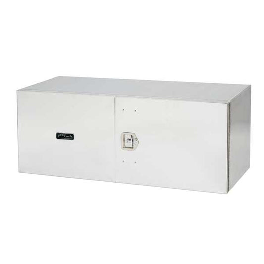 Angled front view of a silver aluminum double‑door truck tool box with two smooth front access doors, a flat top lid, and a centered chrome locking latch, featuring the ProTech logo, isolated on a white background.