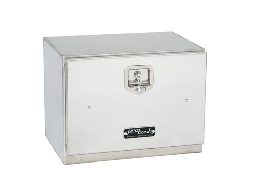 Angled front view of a silver aluminum truck tool box with a smooth front door, flat lid, and a chrome locking latch, featuring the ProTech logo, isolated on a white background.