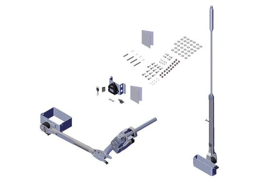 Truck tarp system assembly showing telescoping tarp arm, vertical support mast, mounting hardware, brackets, lock assembly, fasteners, and installation components.