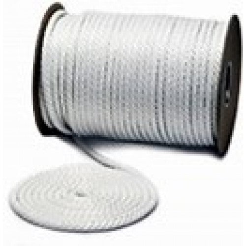 Spool of white solid braided nylon rope wound around a black reel, with a loose coil of rope placed in front on a plain light background.