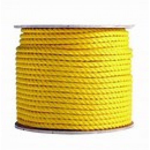 Spool of bright yellow braided poly rope wound tightly around a reel, shown against a plain background.