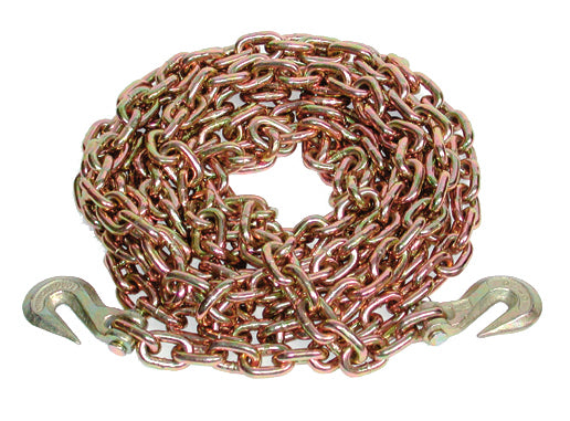 Coiled zinc‑plated steel chain with grab hooks on both ends, shown isolated on a white background.