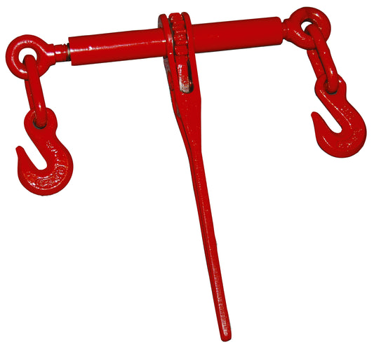 Red ratchet load binder with threaded adjustment body, tensioning handle, and two chain hooks, shown isolated on a white background.
