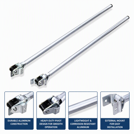 External mount aluminum pivot arm set for front-to-back truck tarp systems, featuring two aluminum arms with spring-loaded pivot assemblies and mounting brackets.