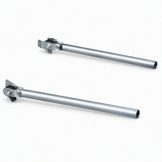 Pair of steel tarp system extension arms with mounting brackets for truck tarp applications.

