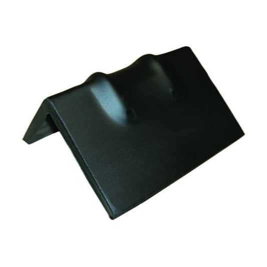 Black plastic protective corner cover with a ridged top surface and angled sides, shown isolated on a white background.