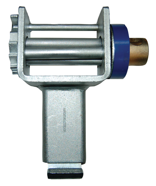 Metal tarp crank gearbox assembly with dual rollers, square drive input, and mounting shaft, shown isolated on a white background.