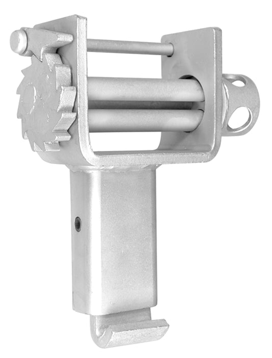 Metal tarp crank gearbox assembly with dual rollers, gear wheel, and mounting shaft, shown isolated on a white background.