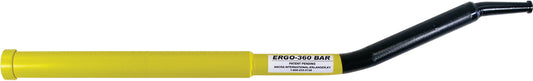 Yellow and black tarp crank handle bar with cylindrical drive end and curved grip handle, shown horizontally on a white background.