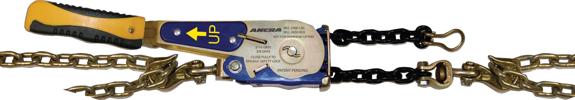 Lever‑style load binder with yellow and black handle, central ratcheting mechanism, and attached chain with hooks, shown isolated on a white background.