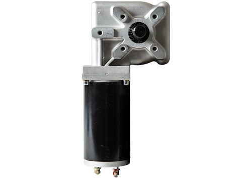 Electric gear motor with a silver metal gearbox on top, a central circular output shaft, and a black cylindrical motor housing below with two electrical terminals.