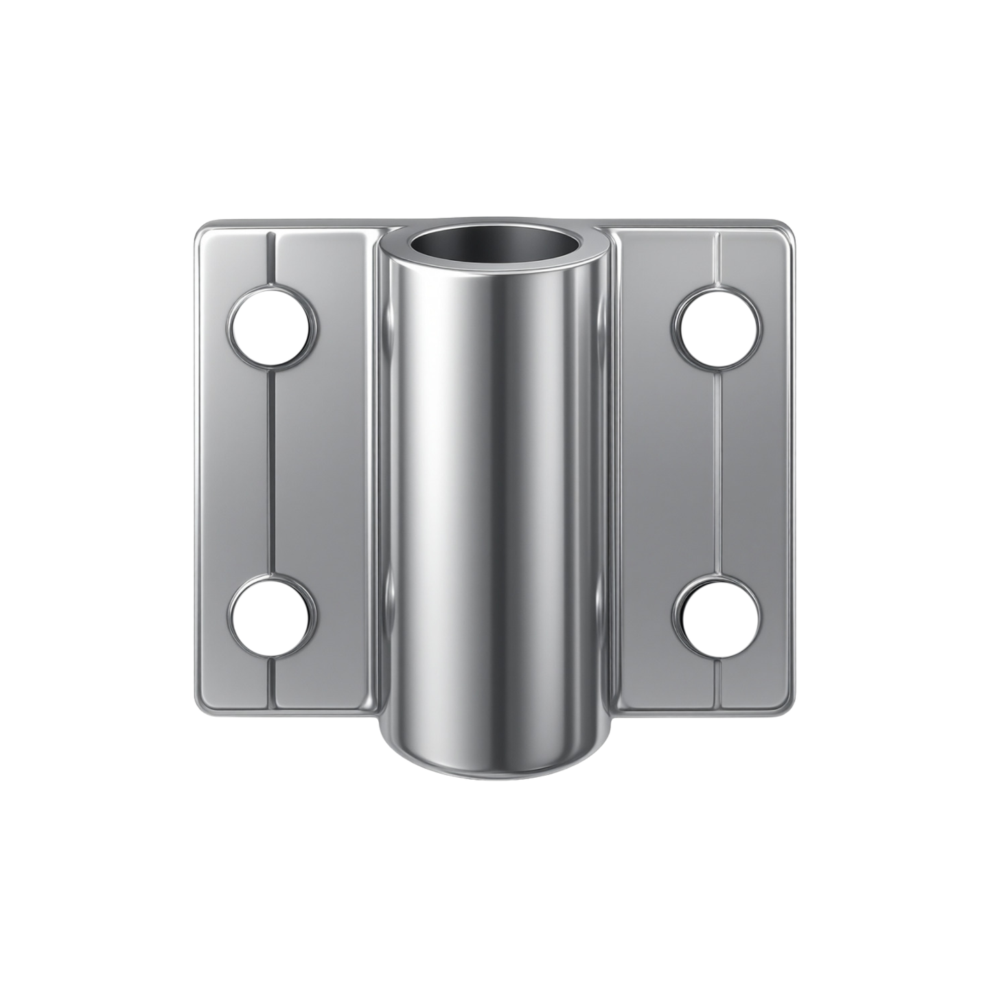 A polished stainless steel mounting bracket with a central cylindrical hole and two side plates, each featuring two circular screw holes, shown on a plain white background.