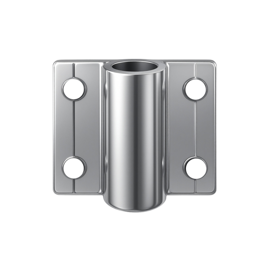 A polished stainless steel mounting bracket with a central cylindrical hole and two side plates, each featuring two circular screw holes, shown on a plain white background.