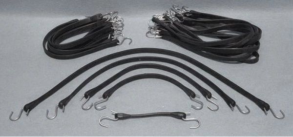 Set of black rubber tarp straps with metal S-hooks on each end, arranged in multiple sizes and coiled bundles on a neutral background.