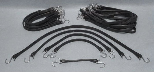 Set of black rubber tarp straps with metal S-hooks on each end, arranged in multiple sizes and coiled bundles on a neutral background.