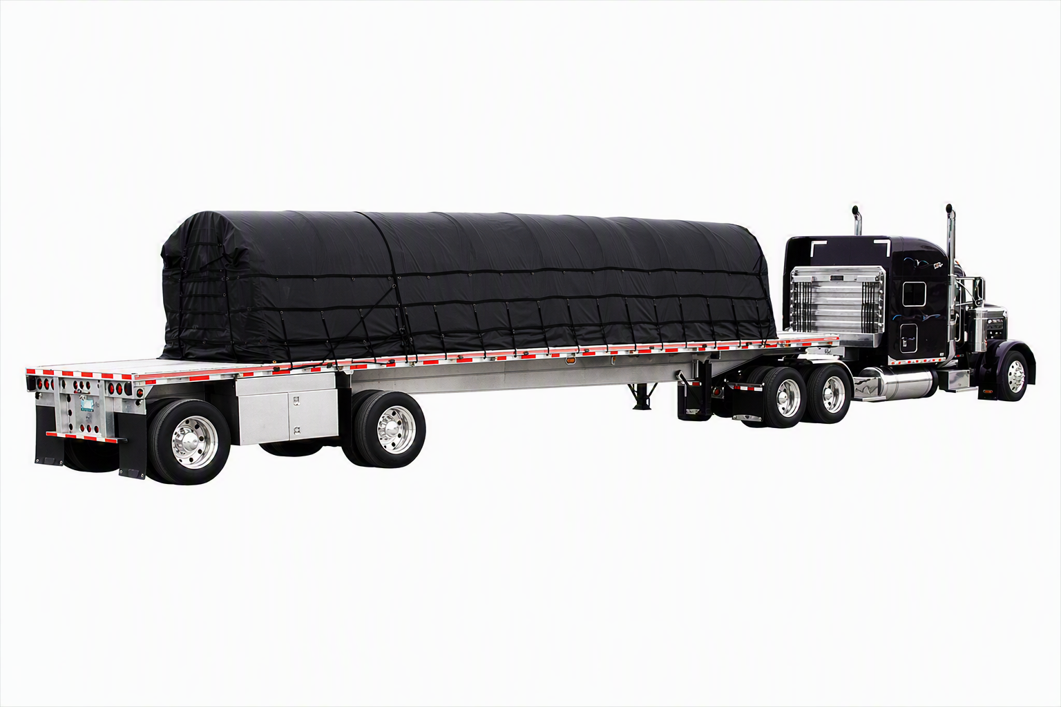Black steel tarp system covering a flatbed semi-trailer cargo load, shown on a black semi-truck against a white background.