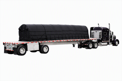 Black steel tarp system covering a flatbed semi-trailer cargo load, shown on a black semi-truck against a white background.