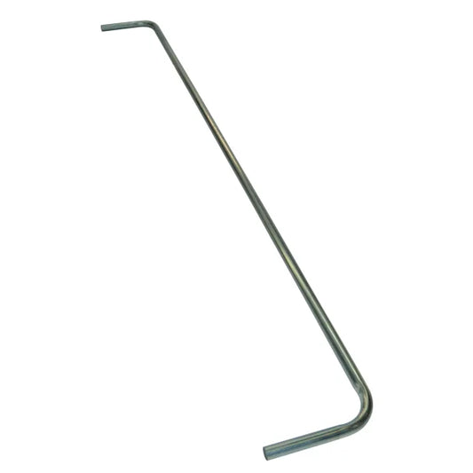 Long, bent metal rod with two angled ends and a smooth gray finish, shown diagonally on a plain light background.