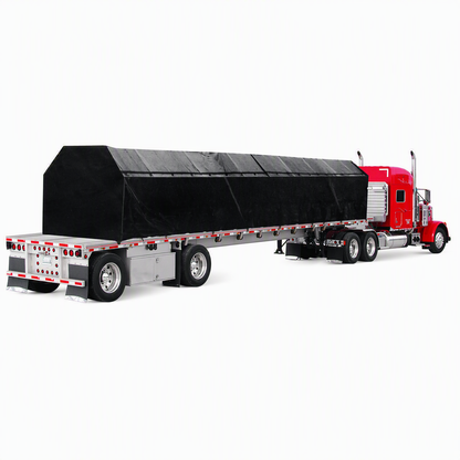 Black lumber tarp installed on a flatbed semi-trailer with red tractor, shown on a white background.