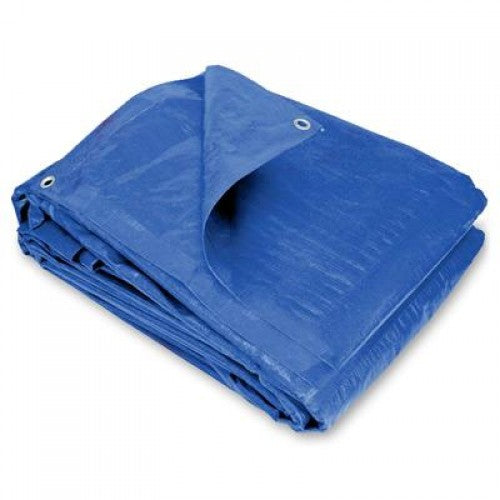 Folded blue polyethylene tarp with metal grommets along the edges, partially unfolded and displayed against a plain background.