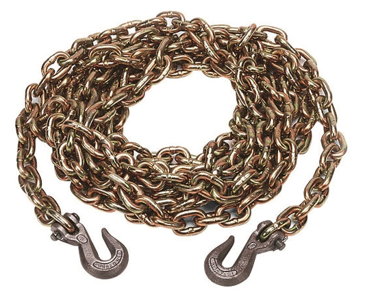 gold chain with two grey heavy duty hooks on either end on a white background