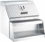 Front view of a silver aluminum step box with a diamond‑plate lid and integrated step, featuring a chrome locking latch on the upper door and a rectangular lower step opening, isolated on a white background.