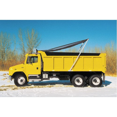 Yellow dump truck with a raised black tarp system over the cargo bed, parked on a snow-covered surface with leafless trees in the background under a clear blue sky.