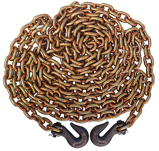 Coiled gold‑colored Grade 70 transport chain with interlocking steel links and two black grab hooks attached at each end, isolated on a white background.