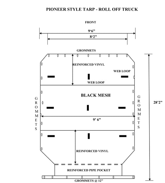 Technical diagram of a Pioneer-style roll-off truck tarp showing dimensions, grommet placement, reinforced vinyl sections, web loops, black mesh center panel, and reinforced pipe pocket, with overall length labeled 28 feet 2 inches and width labeled 9 feet 6 inches.