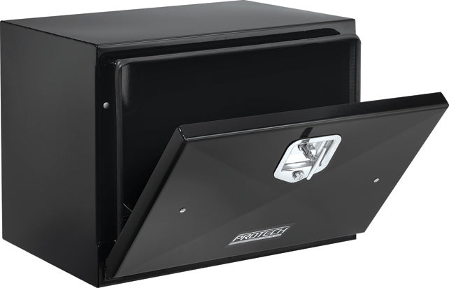 Angled view of a compact black steel truck tool box with a front-opening drop-down door partially open, featuring a chrome locking latch and PROTECH logo, isolated on a white background.