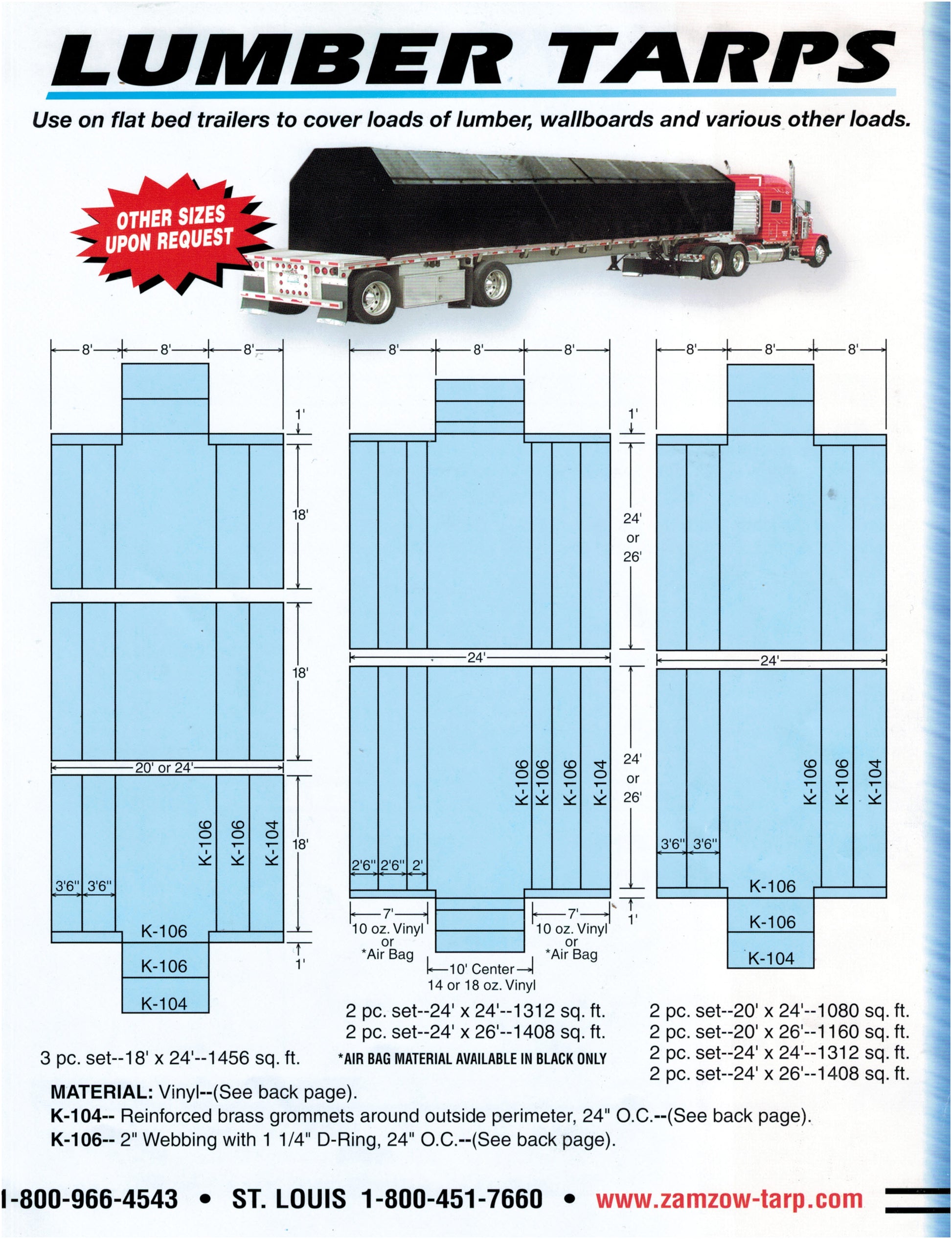 Lumber tarps product guide showing flatbed trailer tarp configurations, dimensions, coverage layouts, and available size options.