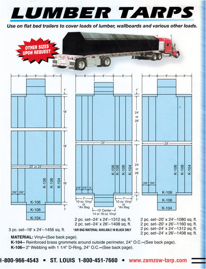 Lumber tarps product guide showing flatbed trailer tarp configurations, dimensions, coverage layouts, and available size options.